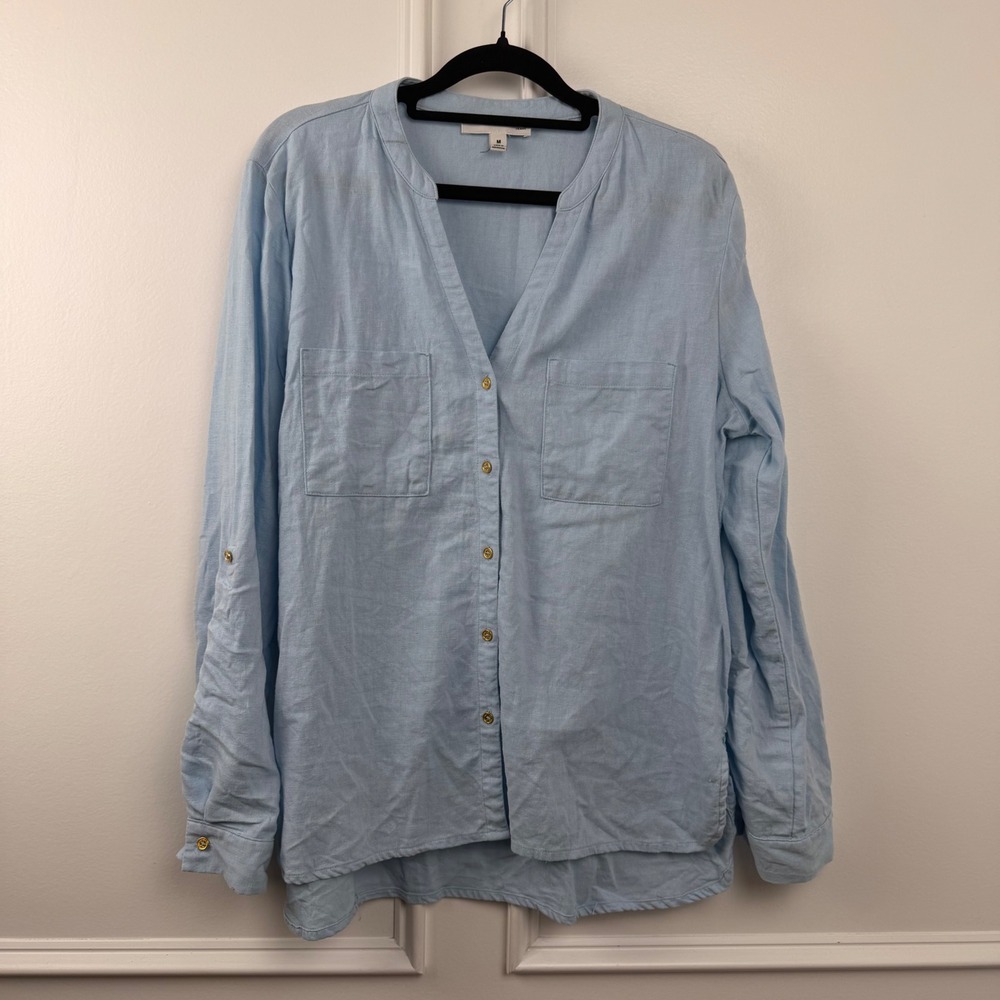 Anne Klein Jeans Light Blue Linen Blend Roll Tab Button Down Blouse Womens M
